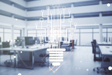 Obraz premium Virtual creative light bulb with chip hologram on a modern furnished office interior background, artificial Intelligence and neural networks concept. Multiexposure