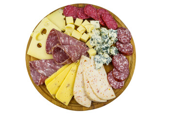 Antipasti platter with assortment of italian salami and cheese isolated on white background. Top view