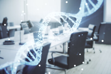 DNA hologram on a modern furnished office interior background, biotechnology and genetic concept....