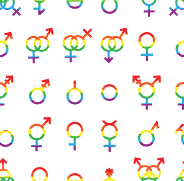 Vector seamless pattern of rainbow Gender symbols and Sexual orientation isolated on white background. Male, female, transgender, gay, lesbian, bisexual, bigender, travesti, genderqueer, asexual lgbt