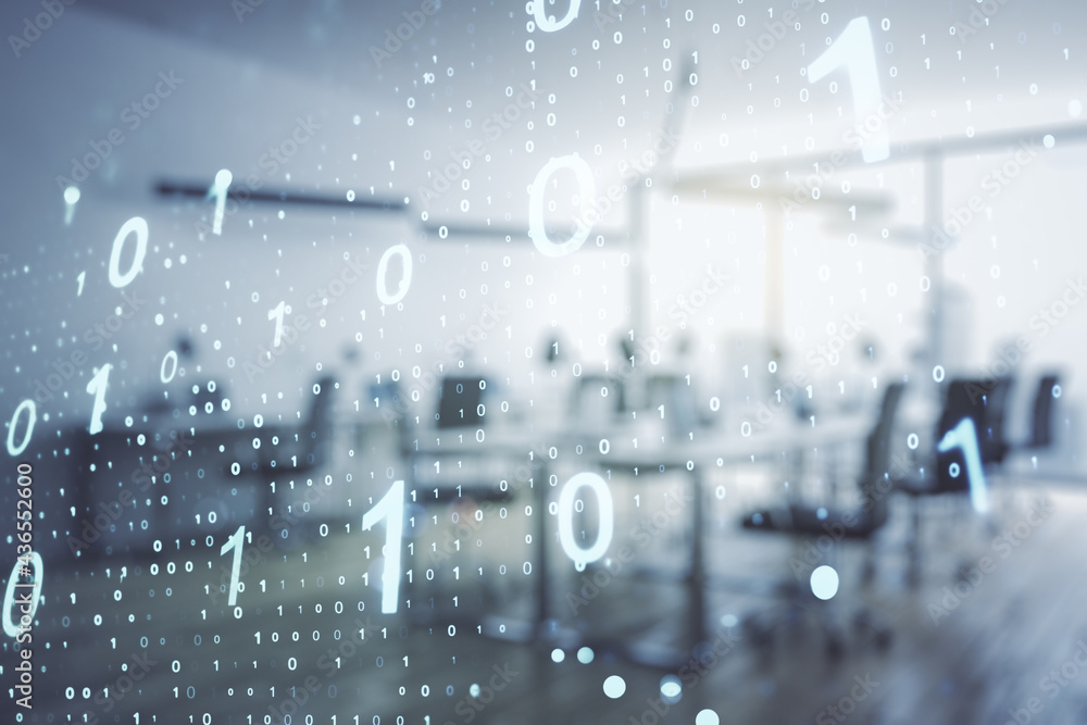Poster double exposure of abstract virtual binary code hologram on modern corporate office background. data