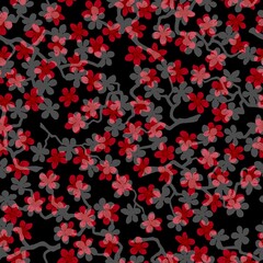 Seamless pattern with blossoming Japanese cherry sakura branches for fabric,packaging,wallpaper,textile decor,design, invitations,gift wrap,manufacturing.Red and gray flowers on black background.