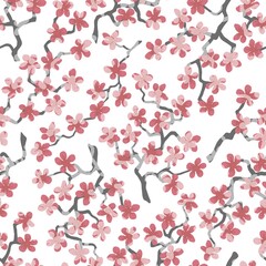 Seamless pattern with blossoming Japanese cherry sakura branches for fabric,packaging,wallpaper,textile decor,design, invitations,gift wrap,manufacturing.Pink and salmon flowers on white background.