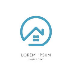 House and real estate outline logo - home with window and circle symbol. Realty, property and building vector icon.