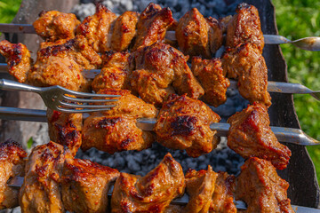 Girl using a fork checks the readiness of the kebab marinated meat on skewers on the grill