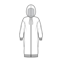 Dress zip-up hoody technical fashion illustration with long sleeves, rib cuff oversized body, knee length skirt. Flat apparel front, white color style. Women, men unisex CAD mockup