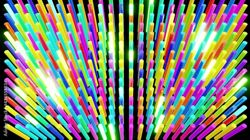 Poster 3d render. abstract festive bg with rows of cylinders on plane flashing neon multicolored light rand