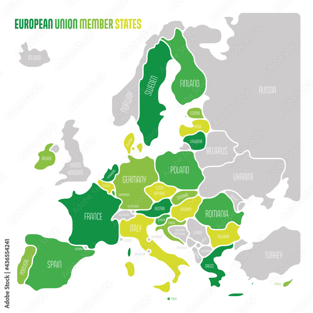 Poster simplified map of eu, european union. rounded shapes of states with smoothed border. green simple fl