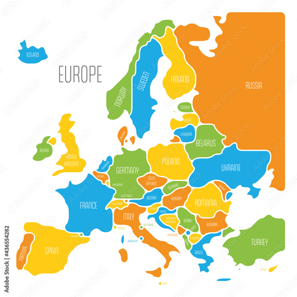 Poster simplified map of europe. rounded shapes of states with smoothed border. colorful simple flat vector