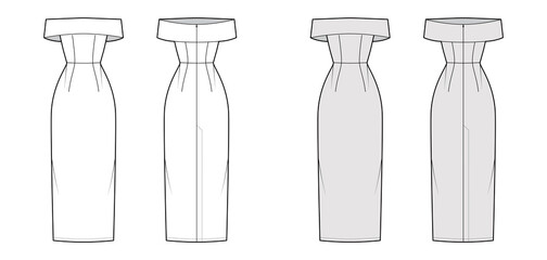 Dress off-the-shoulder Bardot technical fashion illustration with sleeveless, fitted body, floor maxi length pencil skirt. Flat evening front, back, white, grey color. Women, men unisex CAD mockup