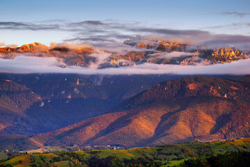 Foggy alpine landscape of Bucegi Mountains, Romania, Europe