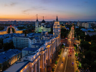 Night summer Voronezh cityscape. Annunciation Cathedral and Tower of management of south-east railway