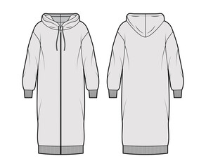 Dress zip-up hoody technical fashion illustration with long sleeves, rib cuff oversized body, knee length skirt. Flat apparel front, back, grey color style. Women, men unisex CAD mockup