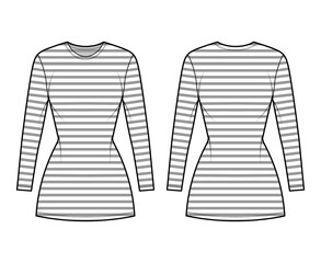 Obraz premium Dress sailor technical fashion illustration with stripes, long sleeves, fitted body, mini length pencil skirt. Flat apparel front, back, white color style. Women, men unisex CAD mockup