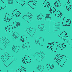 Black line Glass with water icon isolated seamless pattern on green background. Soda drink glass. Fresh cold beverage symbol. Vector