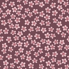 Seamless pattern with blossoming Japanese cherry sakura for fabric, packaging, wallpaper, textile decor, design, invitations, print, gift wrap, manufacturing. Pink flowers on rosybrown background.