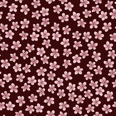 Fototapeta na wymiar Seamless pattern with blossoming Japanese cherry sakura for fabric, packaging, wallpaper, textile decor, design, invitations, print, gift wrap, manufacturing. Pink flowers on burgundy background.