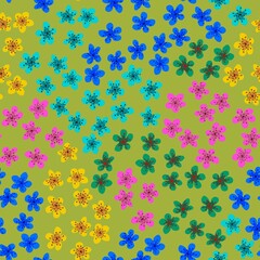 Seamless pattern with blossoming Japanese cherry sakura for fabric, packaging, wallpaper, textile decor, design, invitations, print, gift wrap, manufacturing.Colored flowers on yellowgreen background