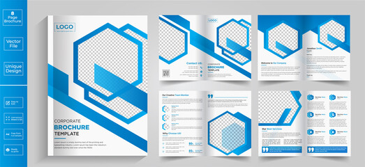 Minimal And clean geometric design of 8-page yellow color template for brochure, flyer, magazine, catalog or company report. A4 size,8 pages business company profile brochure design