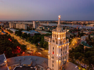 Fototapeta na wymiar Night summer Voronezh. Tower of management of south-east railway