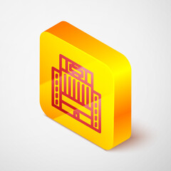 Isometric line Hotel Ukraina building icon isolated on grey background. Yellow square button. Vector