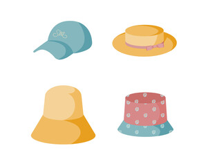 A set of four summer hats, panamas and caps. Headwear for women and young girls for the beach or walking in hot weather.Vector illustration in a flat style, isolated on a white background.