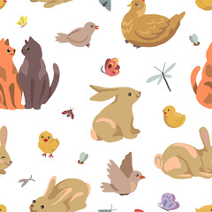 Cute animals vector seamless pattern. Spring colored cartoon ornament. Hen, chickens, rabbits, birds, cats, insect. Design for childish print, fabric, textile, background, wallpaper, wrap, card, decor