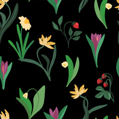 Cute flowers and berries doodles, hand drawn vector seamless pattern. Spring, summer colored cartoon ornament. Cottagecore floral design for print, fabric, textile, background, wallpaper, wrap, decor.