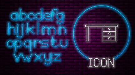 Glowing neon line Office desk icon isolated on brick wall background. Neon light alphabet. Vector