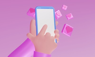 3D illustration of a hand holding a handphone with floating heart icon decoration. Technology illustration. 3D rendering.