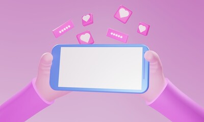 3D illustration of a hand holding a handphone with floating heart icon decoration. Technology illustration. 3D rendering.