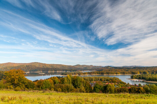 A view of Lake Solińskie from the viewpoint in Polańczyk. Polanczyk, Bieszczady Mountains.
