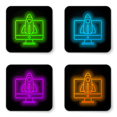 Glowing neon line Business startup project concept icon isolated on white background. Symbol of new business, entrepreneurship, innovation and technology. Black square button. Vector