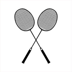 Flat black badminton rackets isolated on white background. Birdie line art icon for sports apps and...