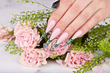 Hand with long artificial green french manicured nails and pink rose flowers. Fashion and stylish manicure. - obrazy, fototapety, plakaty