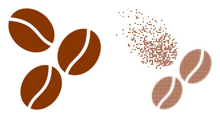 Dispersed dotted coffee beans vector icon with wind effect, and original vector image. Pixel fragmentation effect for coffee beans shows speed and movement of cyberspace things.
