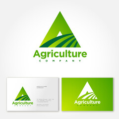 Agriculture company logo. A monogram. Triangle letter A and field symbol. Business card.