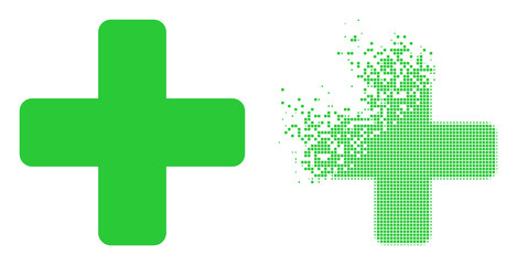 Dispersed dot green cross vector icon with destruction effect, and original vector image. Pixel dissipation effect for green cross shows speed and movement of cyberspace matter.