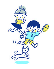 犬と遊ぶ子供達