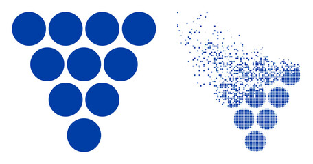 Dispersed pixelated grapes vector icon with destruction effect, and original vector image. Pixel destruction effect for grapes shows speed and motion of cyberspace matter.