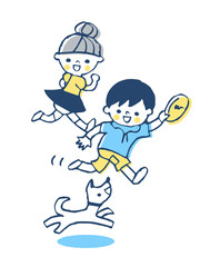 犬と遊ぶ子供達