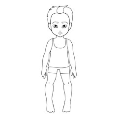 Coloring page with cute baby boy in a T-shirt and shorts , isolated on white. Black and white character. Vector illustration