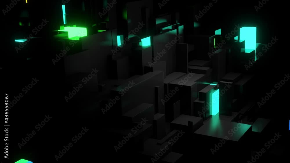 Poster abstract looped 4k dark background neon cubes light bulbs. visualisation of working ai big data or b