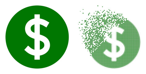 Fractured dotted price vector icon with wind effect, and original vector image. Pixel defragmentation effect for price demonstrates speed and movement of cyberspace matter.