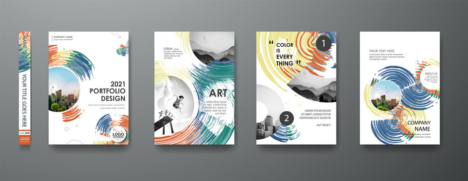 Portfolio art design vector set. Abstract oil brush shape on cover book presentation. Watercolor paint brochure layout and modern report business flyers poster template.