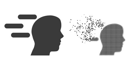 Dispersed dotted rush mind vector icon with destruction effect, and original vector image. Pixel dissolving effect for rush mind shows speed and movement of cyberspace things.