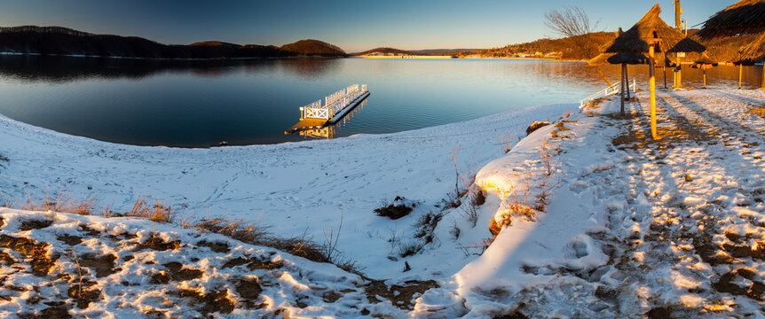 Solińskie Lake seen from the Cypel peninsula in Polańczyk. View of the dam. Polanczyk, Solina, Bieszczady Mountains.