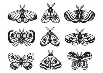
set of isolated black magic moths and butterflies