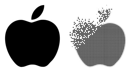 Fractured dot apple vector icon with wind effect, and original vector image. Pixel transformation effect for apple shows speed and motion of cyberspace matter. - obrazy, fototapety, plakaty