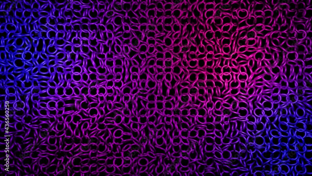 Poster abstract festive background with rows of toruses or rings on plane flashing neon blue red light rand